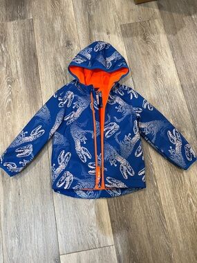 Cat & Jack Blue Dinosaurs Skeletons Rain Jacket with bright orange fleece 3T